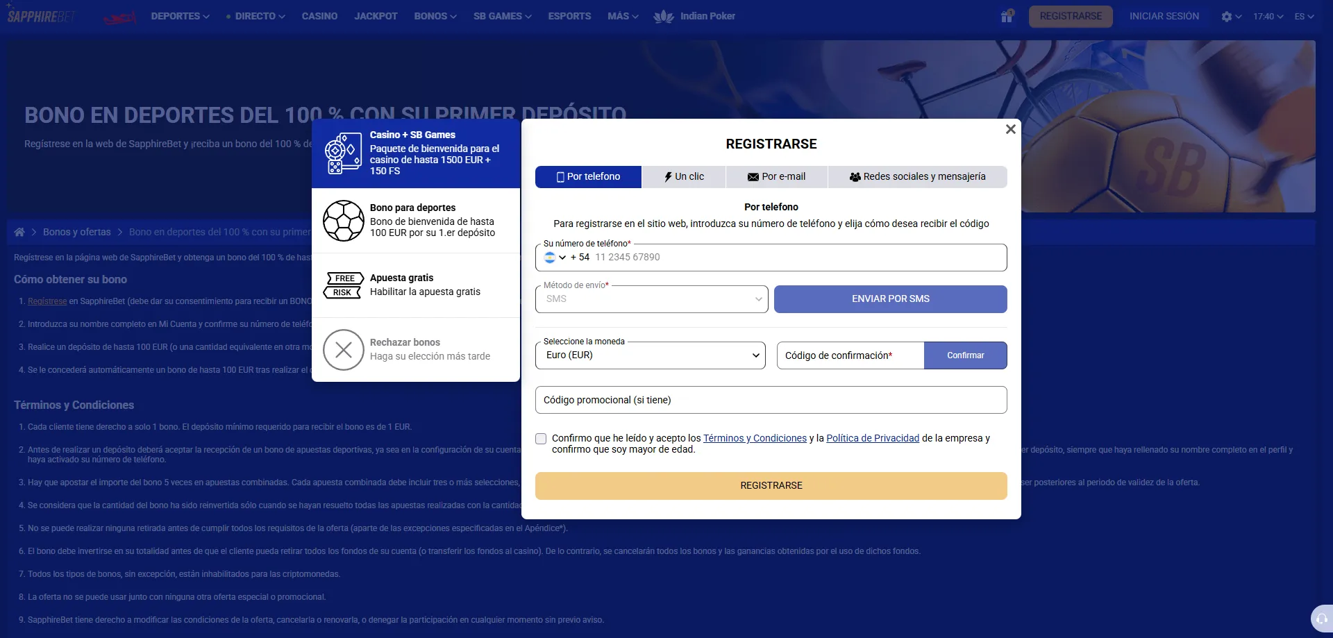 Registro en SapphireBet Perú — pasos para reclamar el bono